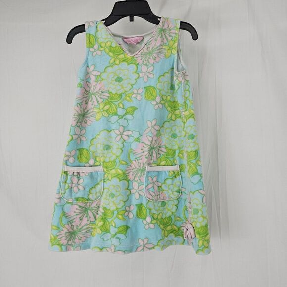Lilly Pulitzer Other - Lilly Pulitzer Girls Small(4-5) Blue Velour Dress Shift Cover Up Floral Print